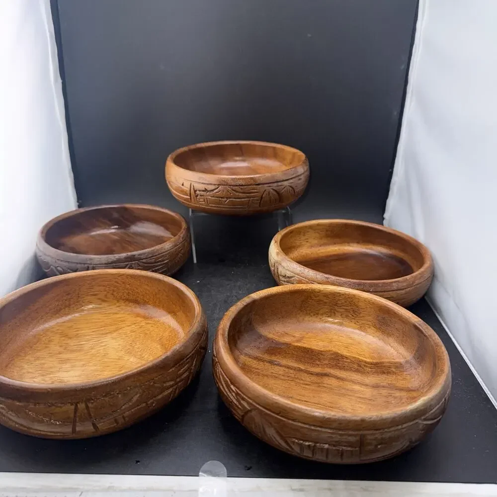 Set of 5 Hand Carved Monkey Pod Wood Bowls Asian Landscape Serving Bowls